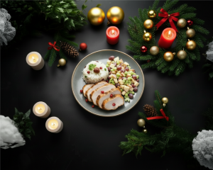 Cenas navideñas con plato principal de carne, arroz y guarniciones, acompañadas de vino y decoración festiva.