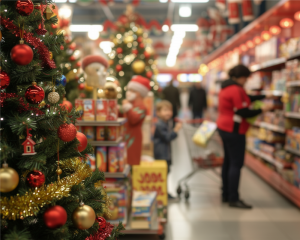 Cenas navideñas comienzan con compras en supermercado, personas eligiendo productos y alimentos para celebrar Navidad.