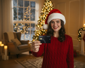 Mujer sonriente con gorro de Santa Claus mostrando sus tarjetas frente a un árbol de navidad iluminado.