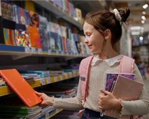 Una joven y una niña sonrientes revisando cuadernos en la papelería para el regreso a clases